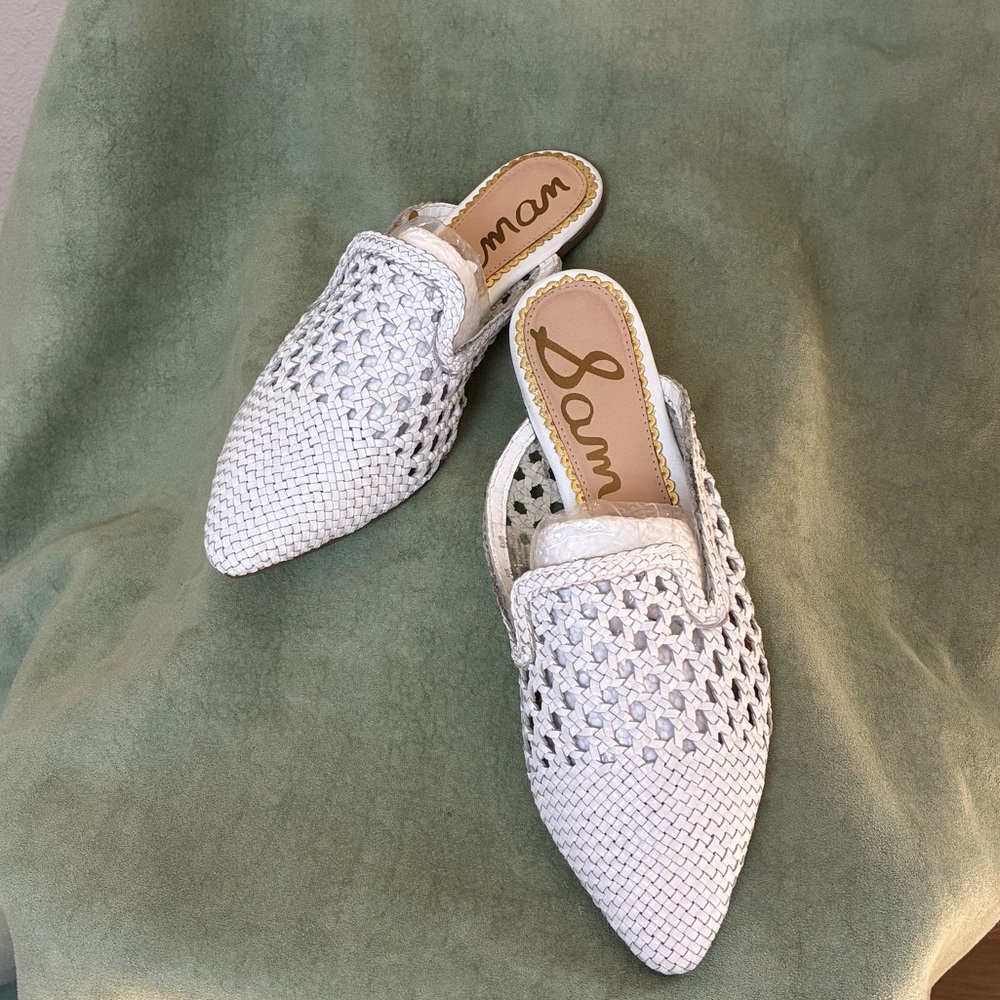 SAM EDELMAN Womens White Woven Clara Block Heel Slip On Leather Mules 8.5